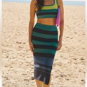 Anthropology Knit‎ Skirt Colorblock Slim Midi Blue Stripe Pull On. Women Small